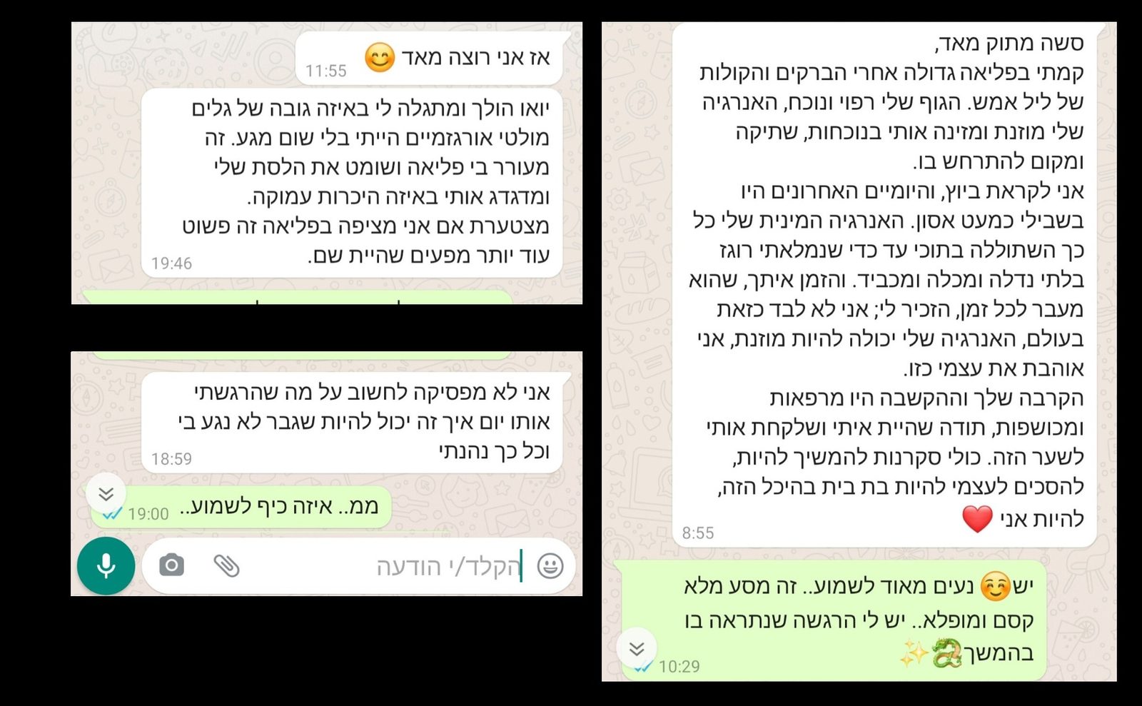 צילום מסך של הודעה מפורטת בוואטסאפ אחרי סשן אישי